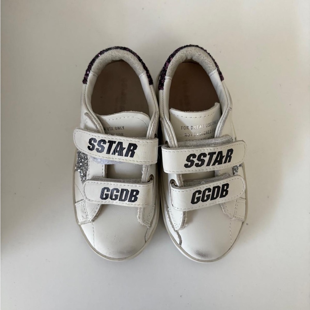 Golden Goose Kids White Velcro Sneakers with Purple Glitter Heel